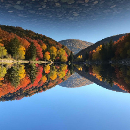 A serene lake surrounded by vibrant autumn trees and majestic mountains under a clear blue skyの写真素材