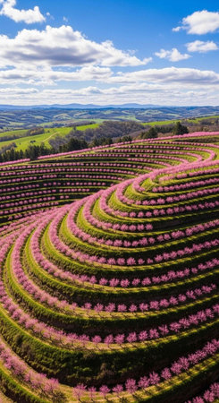 Aerial view of a vibrant orchard with pink blossoming trees on rolling hills under a blue sky