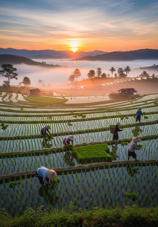 Farmers working in a rice field at sunrise with a beautiful landscape of mountains and fog in the...