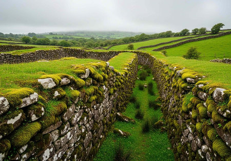 A serene landscape of rolling green hills with ancient stone walls covered in moss and lichen under...