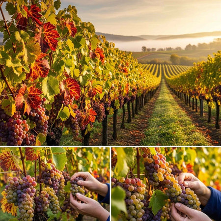 A serene vineyard landscape at sunset with rows of lush grapevines and a person's hands harvesting...