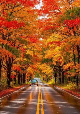 A car drives down a wet road lined with vibrant autumn trees on a rainy day in nature
