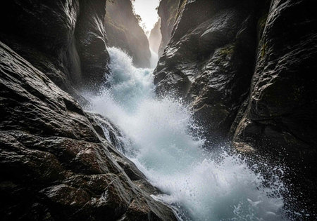 A powerful waterfall cascades through a rugged rocky gorge with misty water splashing against the dark stone wallsの写真素材