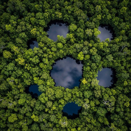 Aerial view of a lush green forest with several serene lakes surrounded by dense foliage and vibrant...