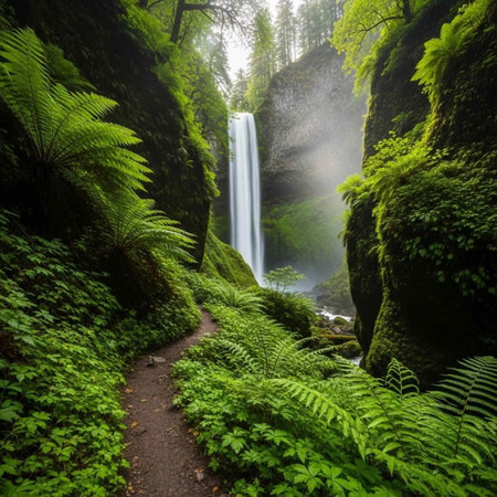 A serene forest path leads to a breathtaking waterfall surrounded by lush greenery and vibrant...