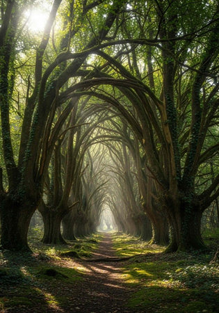 A serene forest path with a stunning tree tunnel and sunlight filtering through the leaves