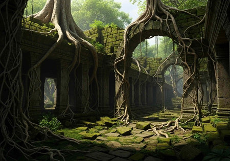 Ancient stone temple overgrown with massive tree roots in a serene jungle landscape with mossy...