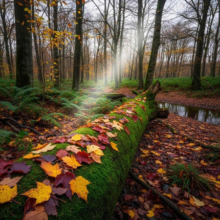 A serene forest landscape with a fallen tree covered in moss and colorful autumn leaves