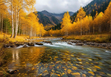 A serene autumn landscape with a river flowing through a valley surrounded by vibrant yellow trees...