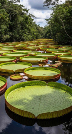 A serene and peaceful pond covered with large green lily pads in a natural setting with trees and...