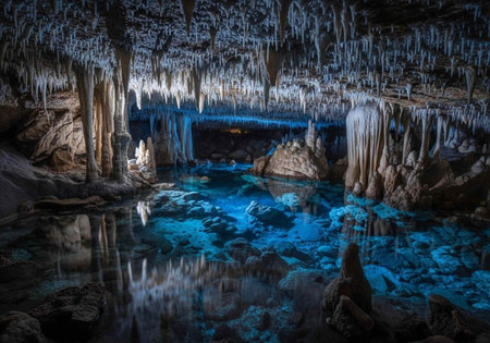 A stunning underground cave with crystal clear water and majestic stalactites and stalagmites...