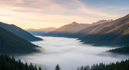 A serene mountain landscape with foggy valleys and a vibrant sky at sunrise or sunset