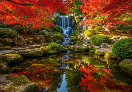 A serene Japanese garden with a small waterfall and vibrant red maple trees reflecting in a calm...