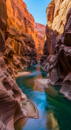 A serene river flows through a stunning canyon with vibrant rock formations and a clear blue skyの写真素材