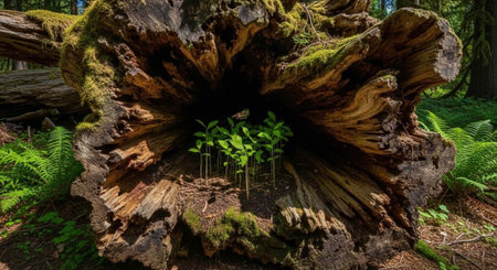 A hollow tree stump with new growth in a forest surrounded by moss and ferns