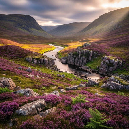A serene landscape of a river flowing through a valley surrounded by mountains and purple heather