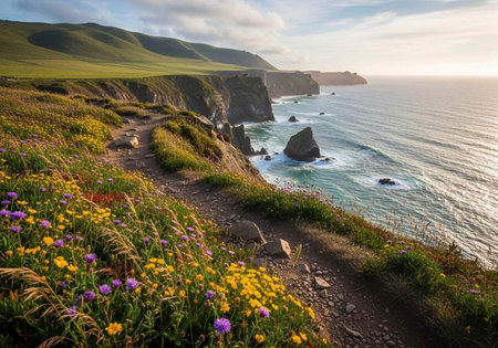A serene coastal landscape with a winding dirt path through vibrant wildflowers and green hills