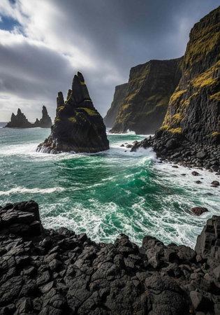 A dramatic seascape with rugged rock formations and turbulent ocean waves under a cloudy sky