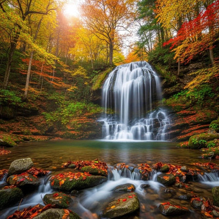 A serene waterfall cascades down a rocky slope surrounded by vibrant autumn foliage and lush...