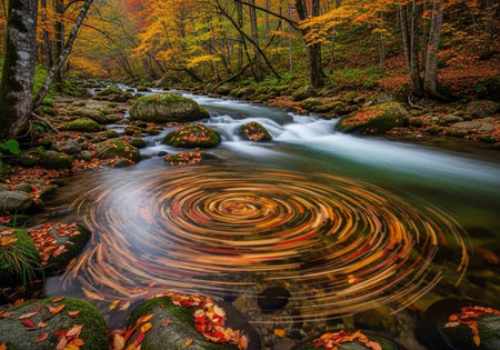 A serene forest stream with a swirling whirlpool of autumn leaves in the water