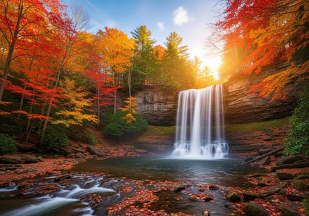 A serene waterfall cascades into a tranquil pool surrounded by vibrant autumn foliage and lush...
