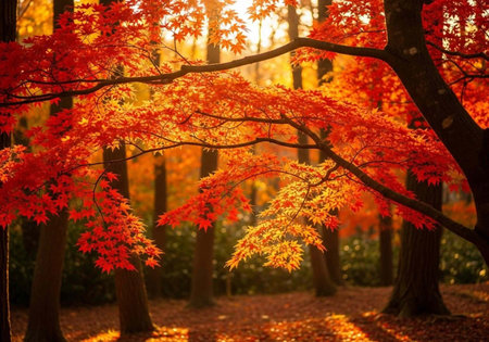 A serene forest scene with vibrant autumn leaves illuminated by warm sunlight filtering through the...