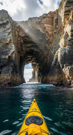 A yellow kayak paddles through a stunning ocean archway surrounded by rugged cliffs and calm waters.