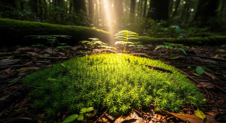 A serene forest scene with sunlight shining through the trees onto a lush green mossy area