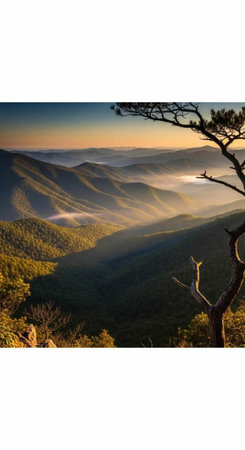 A serene mountain landscape with a tree in the foreground at sunset