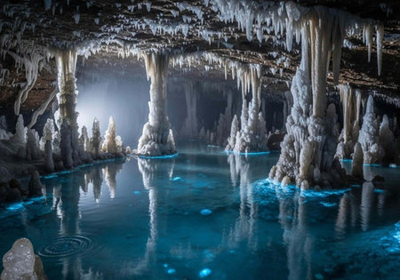 A stunning underground cave with crystal clear water and unique rock formations illuminated by soft...