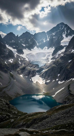A serene mountain landscape with a small lake surrounded by snow-capped peaks and rugged terrain...