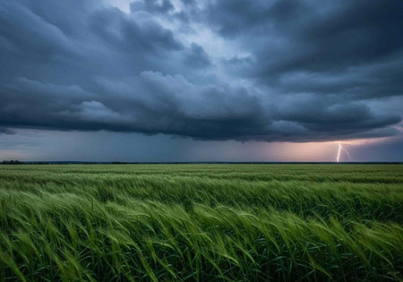 A dramatic stormy landscape with a lightning bolt illuminating a green field under a dark cloudy sky
