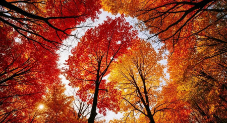 A vibrant autumn landscape with colorful trees and sun shining through the leaves