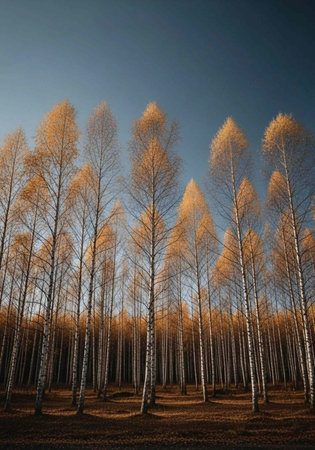 A serene landscape of tall trees with yellow leaves under a clear blue sky in a peaceful natural...