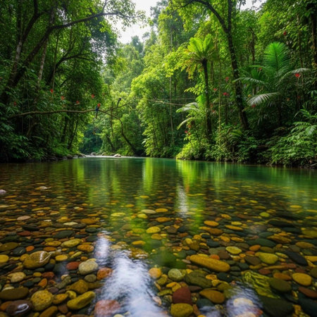 A serene and vibrant tropical river flowing through a lush green forest with colorful pebbles in the...