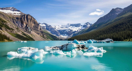 A serene mountain lake with floating icebergs and snow-capped peaks in the background under a blue...