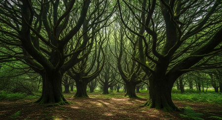A serene forest landscape with tall trees and a dirt path leading through the woods
