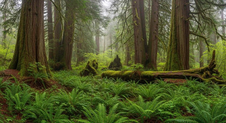 A serene and vibrant forest landscape with tall trees and lush greenery in a natural setting.の写真素材