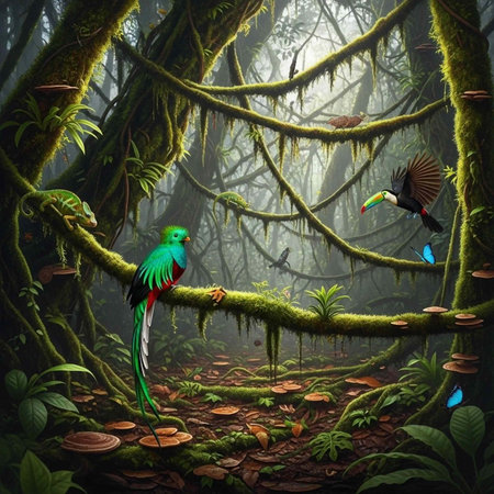 A vibrant green parrot perches on a mossy branch in a dense, misty rainforest with a toucan flying...