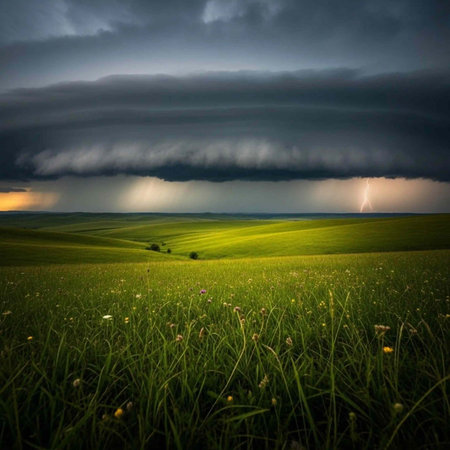 A serene green field under a dramatic stormy sky with lightning in the distance.