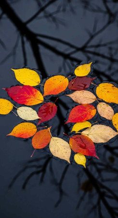 A cluster of vibrant autumn leaves against a dark background with bare tree branchesの写真素材