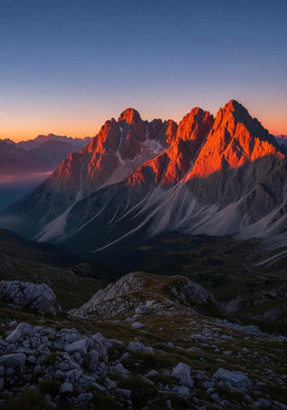 A breathtaking mountain range at sunset with rugged peaks and serene landscape
