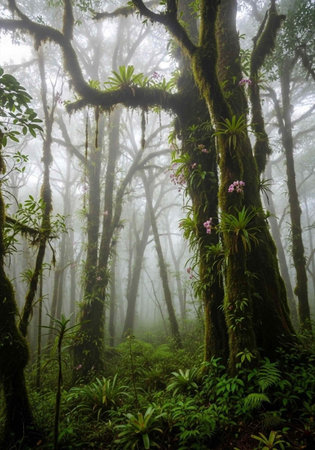 A serene and vibrant forest landscape with mossy trees and lush greenery on a foggy day