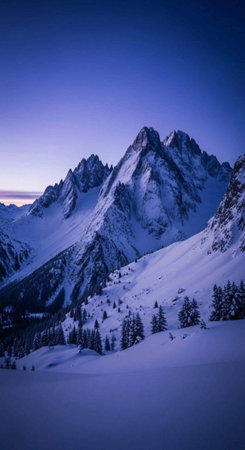 A serene snowy mountain landscape under a clear blue evening sky with evergreen trees scattered...