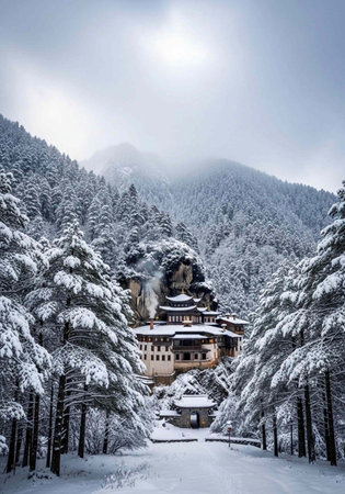 A serene Buddhist monastery nestled in a snow-covered mountain landscape with evergreen trees and a...