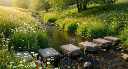 A serene landscape of a small stream flowing through a vibrant field of wildflowers on a sunny day