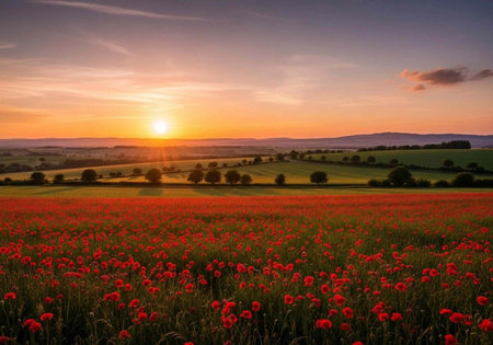 A serene landscape of a vibrant red poppy field at sunset with rolling hills and trees in the...