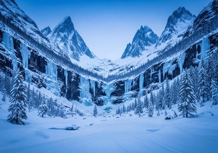 A serene winter landscape with snow-covered mountains and trees under a clear blue sky