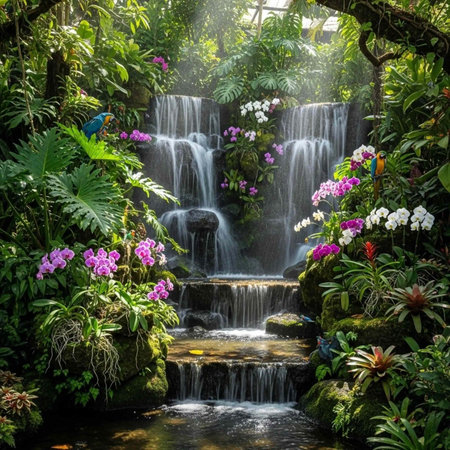 A serene waterfall cascades through a lush tropical garden filled with vibrant flowers and greenery
