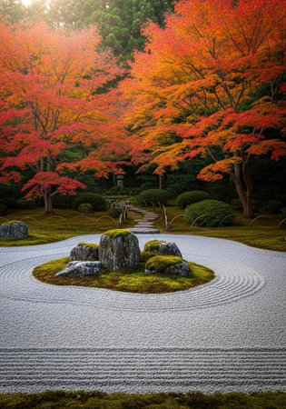 A serene Japanese garden with vibrant autumn trees and a meticulously raked stone area